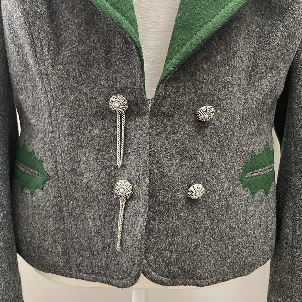 Vintage Blazer Wool Jacket Grey Green accents - Sz unknown 6-8 by Marlis Bruck - Picture 2 of 6